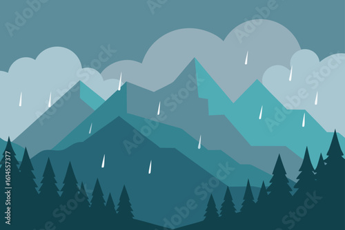 A serene stylized landscape featuring layered teal and blue mountains under a cloudy rainy sky with silhouetted pine trees in the foreground
