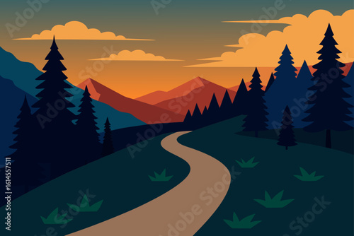 A winding path leads through a dark forest towards distant mountains under a vibrant sunset sky with scattered clouds