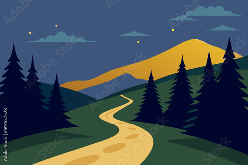 A winding yellow path leads through a dark forest towards a glowing mountain under a starry night sky with scattered clouds