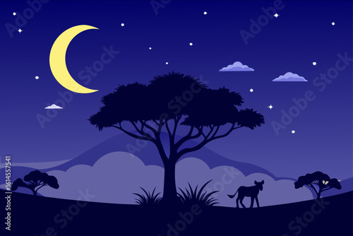 Serene african savannah night scene under a crescent moon with a lone cow and silhouetted trees