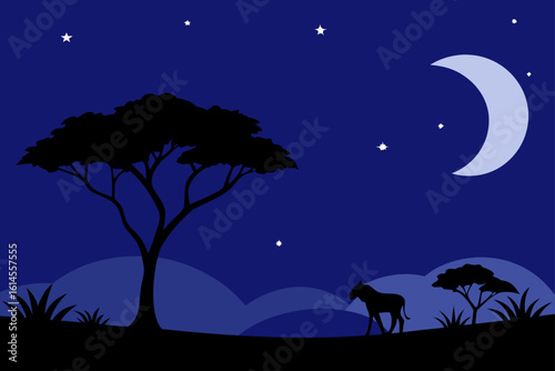 Serene african savannah under a crescent moon and starry night sky with silhouette of a zebra and trees