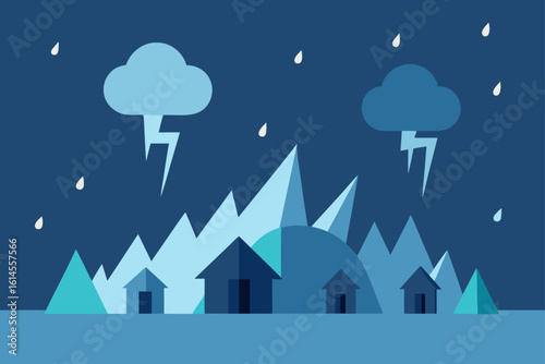 A stylized illustration depicts a stormy night with lightning striking over a village nestled among jagged mountains under a dark rainy sky