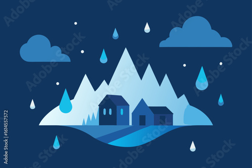 A serene minimalist illustration depicts a tranquil village nestled at the base of snow capped mountains under a gentle rainy sky