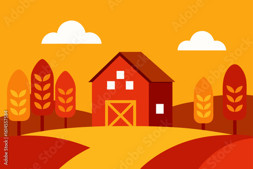 Vibrant autumn farm scene with red barn and stylized trees under a warm orange sky