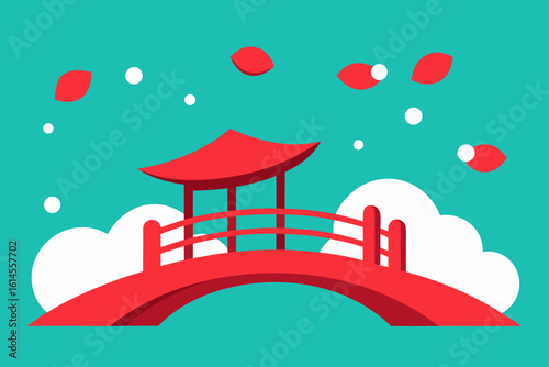 Vibrant red japanese bridge with pagoda and floating petals on a teal background