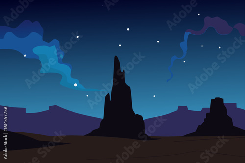 Mystical desert landscape under a starry night sky with swirling blue and purple nebulae illuminating jagged rock formations
