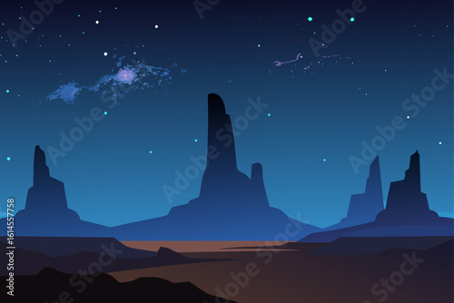 Vast desert landscape under a starry night sky with a distant nebula and celestial objects