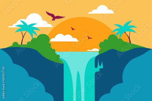 Vibrant tropical waterfall scene with palm trees birds and a setting sun under an orange sky