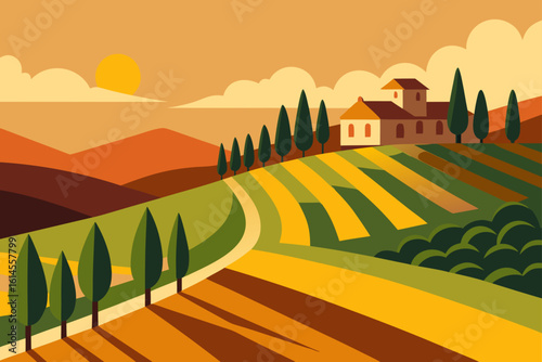 Idyllic tuscan landscape at sunset featuring rolling hills cypress trees and a quaint farmhouse