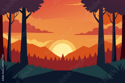 Vibrant sunset over mountainous landscape with silhouetted trees and a winding path through a forest