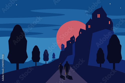 Two figures walk towards a mysterious castle silhouetted against a large red moon on a clear starry night