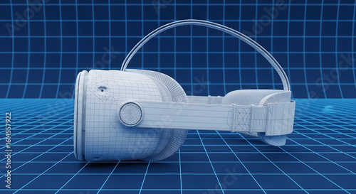 Wireframe model of a virtual reality headset, displayed against a grid background.