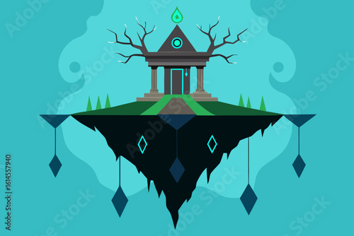 Mystical floating island sanctuary with ancient temple and glowing geometric elements against a serene teal sky background