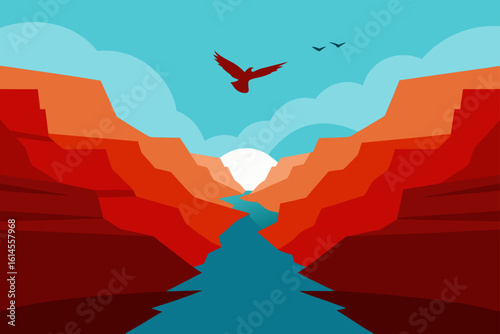 Vibrant sunset over a majestic canyon with a river and soaring birds