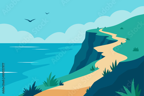 A winding coastal path leads along a dramatic cliff overlooking a serene blue ocean with soaring birds and fluffy clouds in a clear sky