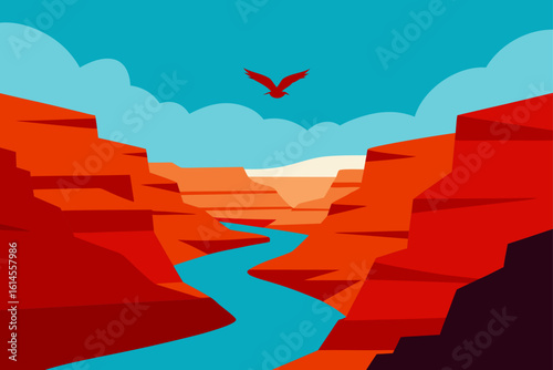 Vibrant geometric grand canyon landscape with a soaring red bird under a cloudy blue sky