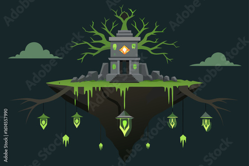 Mystical floating island sanctuary with ancient stone structure and glowing lanterns surrounded by ethereal clouds and dark night sky