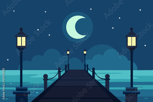A serene night scene featuring a pier illuminated by lampposts under a crescent moon and starry sky above calm waters