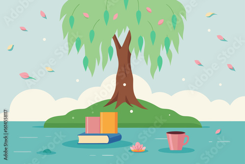 A serene illustration of a tree with falling leaves books and a cup of coffee by the water evoking a peaceful reading escape