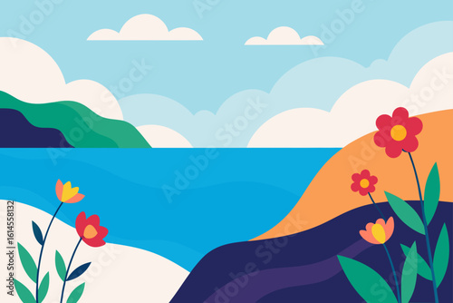 Vibrant coastal landscape with blooming flowers and serene blue waters under a cloudy sky