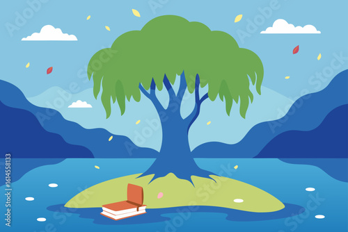 A solitary book rests beneath a large leafy tree on a small island surrounded by calm blue water and distant mountains