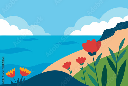 Vibrant coastal landscape with stylized red and orange flowers blooming on a sandy beach under a bright blue sky with fluffy clouds