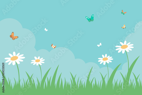 A vibrant spring meadow scene with delicate white daisies lush green grass and colorful butterflies fluttering against a soft blue sky with fluffy clouds