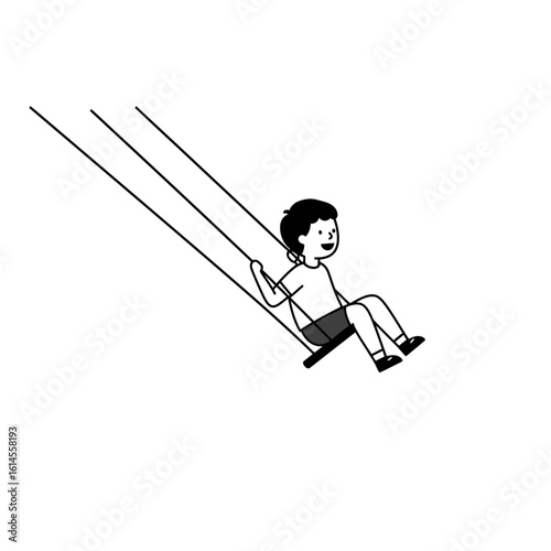 Happy child swinging high on playground swing set, enjoying carefree playtime.