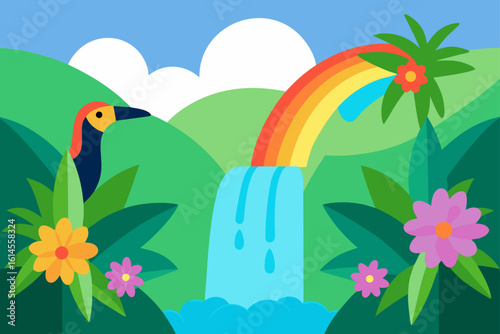 Vibrant tropical paradise with a toucan waterfall and rainbow amidst lush greenery and colorful flowers