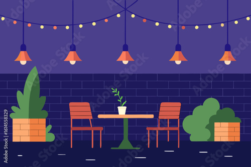 Cozy outdoor cafe seating area with string lights and hanging lamps creating a warm ambiance against a dark blue brick wall