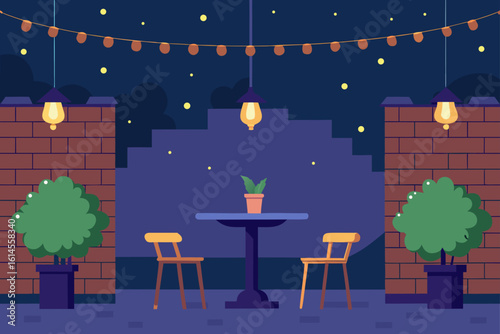 Cozy outdoor seating area at night with string lights brick walls potted plants and a table with chairs under warm lamps