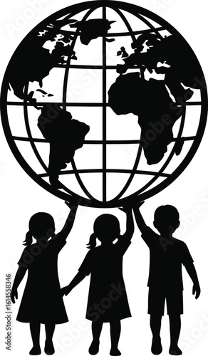 United Children Silhouettes Holding Up a World Globe Symbolizing Global Unity and Cooperation for a Sustainable Future Together on white background