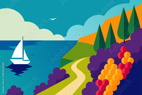 A serene coastal landscape unfolds with a lone sailboat gliding on calm blue waters beside a winding path leading through vibrant foliage and tall green trees