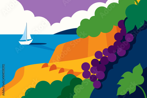 A vibrant stylized illustration of a sailboat on a blue sea next to a colorful coastal landscape with lush greenery and ripe purple grapes