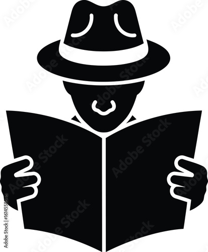 Minimal Silhouette of a Mysterious Man with a Hat Reading a Book, Perfect for Crime Novels and Detective Stories on white background