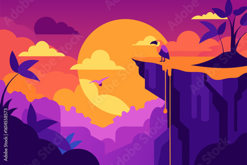 A solitary figure stands on a cliff edge overlooking a vibrant sunset with a bird flying in the distance
