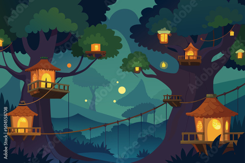 Enchanting nighttime forest scene featuring illuminated treehouses connected by rope bridges creating a magical and whimsical atmosphere