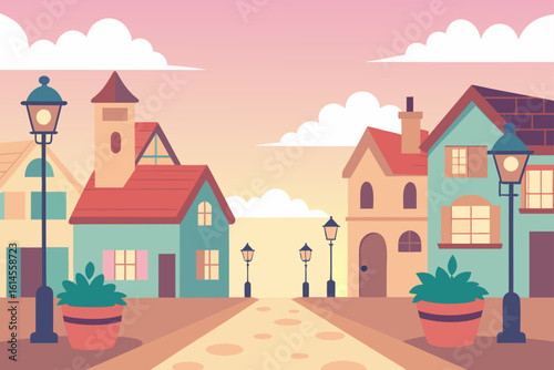 Charming european village street scene at sunset with colorful buildings and lamp posts