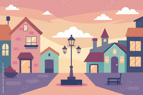Charming flat illustration of a quaint town square at dusk with colorful buildings and a central lamppost
