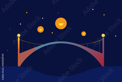 A minimalist flat design illustration of a suspension bridge illuminated by warm glowing lanterns against a dark starry night sky