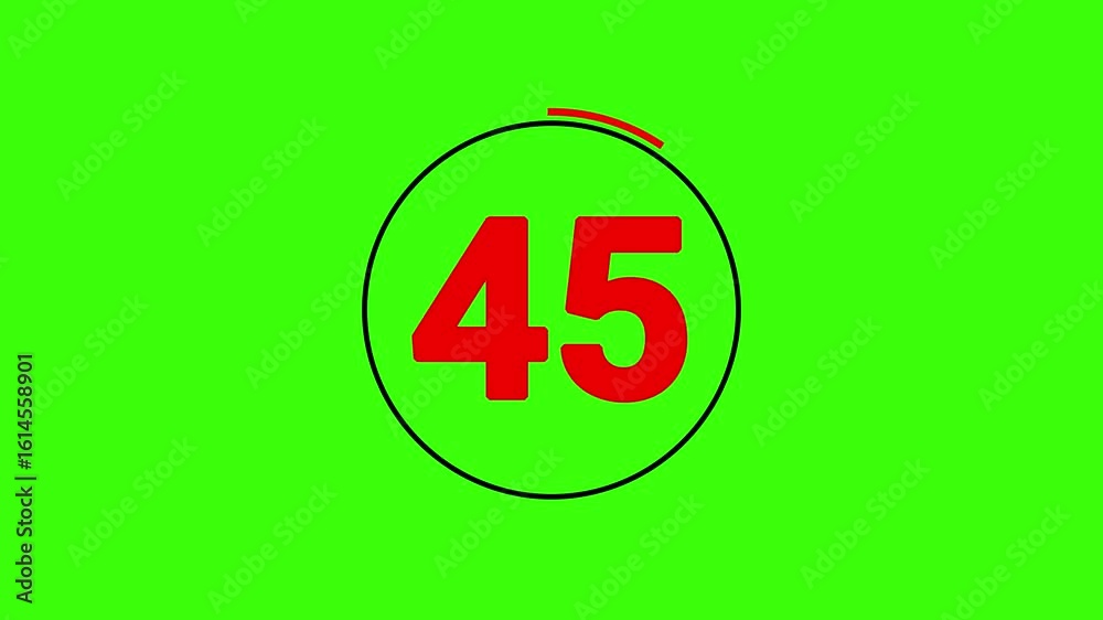 50 second countdown timer animation with bold red number and black circle and red animated circular progress on green screen background