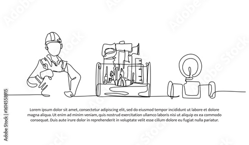 Continuous line design of worker equipment box and water pump. Single line decorative element drawn on white.
