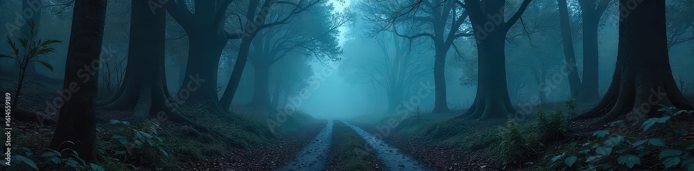 Obraz premium A spooky forest path shrouded in mist, with monstrous shadows lurking amongst the trees Perfect for Halloween, fantasy, horror, and supernatural themes , woodland, spooky season, creature