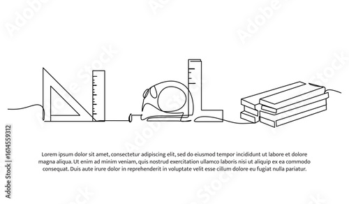 Continuous line design of wood board measuring ruler. Single line decorative element drawn on white.