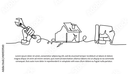 Continuous line design of home damage repair. Single line decorative element drawn on white.