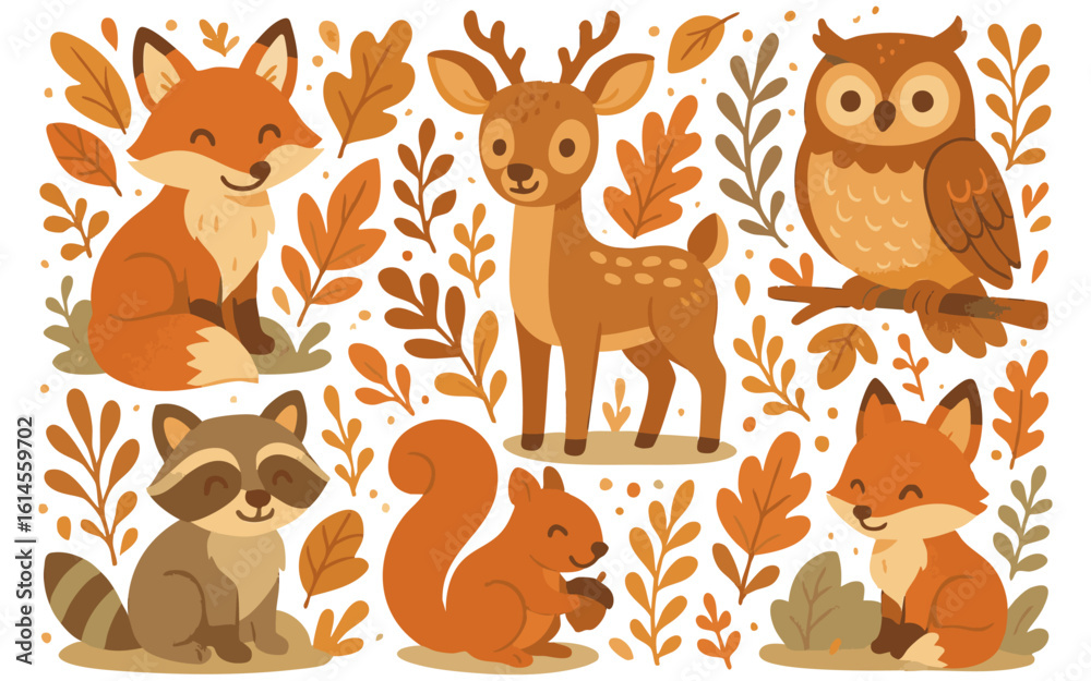 Fototapeta premium Vector art of a charming autumn scene featuring forest animals like foxes, a deer, owl, raccoon, and squirrel amidst fall leaves isolated on transparent background