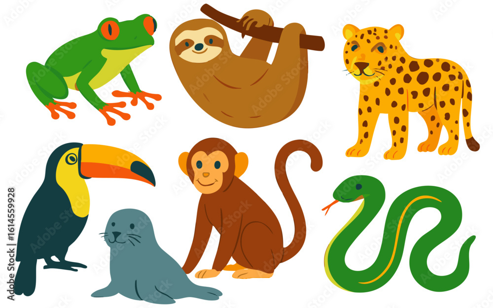 Naklejka premium Vector art of a vibrant assortment of jungle animals featuring a frog, sloth, leopard, toucan, monkey, and snake isolated on transparent background