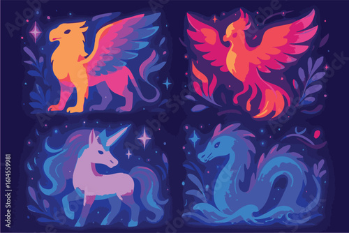 Vector art of a magical collection of mythical creatures including a griffin, phoenix, unicorn, and dragon in vibrant colors isolated on transparent background