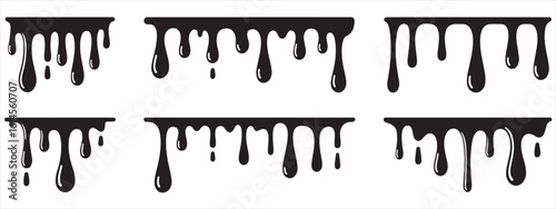 Various black dripping paint or liquid elements arranged in two rows on a white background design set