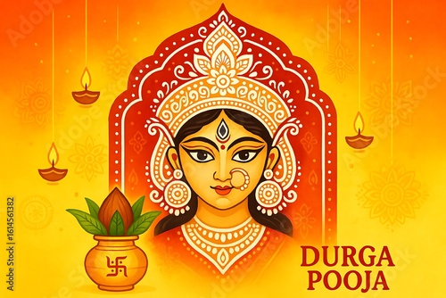 Colorful Vector Illustration of Goddess Durga for Durga Pooja Festival with Kalash and Traditional Decorations